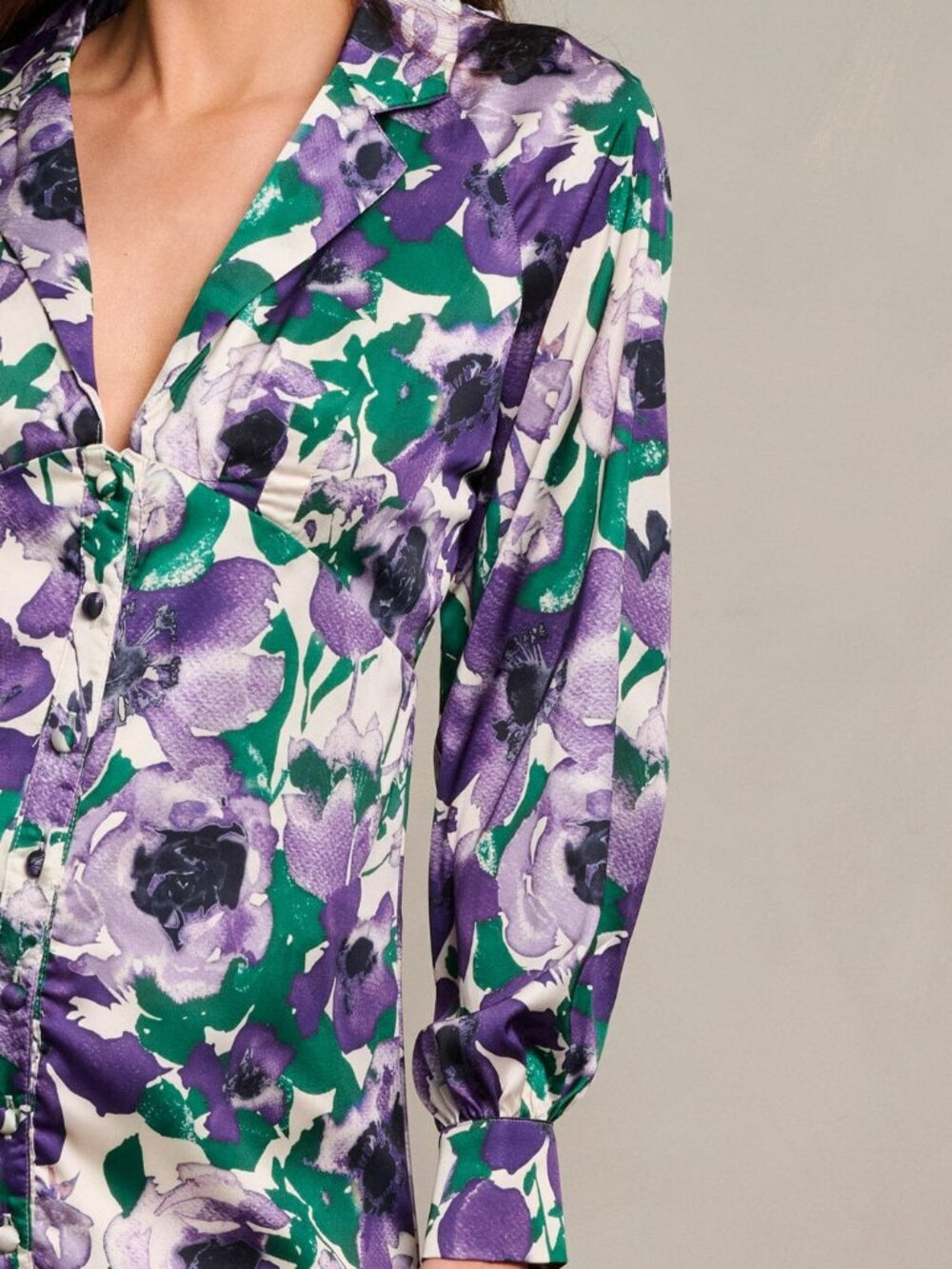 Long Sleeve V-Neck Button Up Floral Print Colored Shirt Dress - Picture 4 of 14